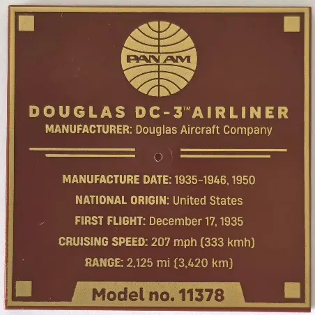 Brown Tile 6 x 6 with Bottom Tubes, Textured Surface with Gold Pan Am Logo, 'DOUGLAS DC-3 AIRLINER' 