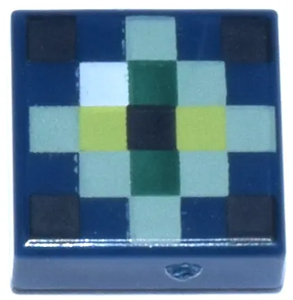 Blue Tile 1 x 1 with Pixelated Sand Green, Dark Green and Yellowish Green Diamond, White Highlight, 
