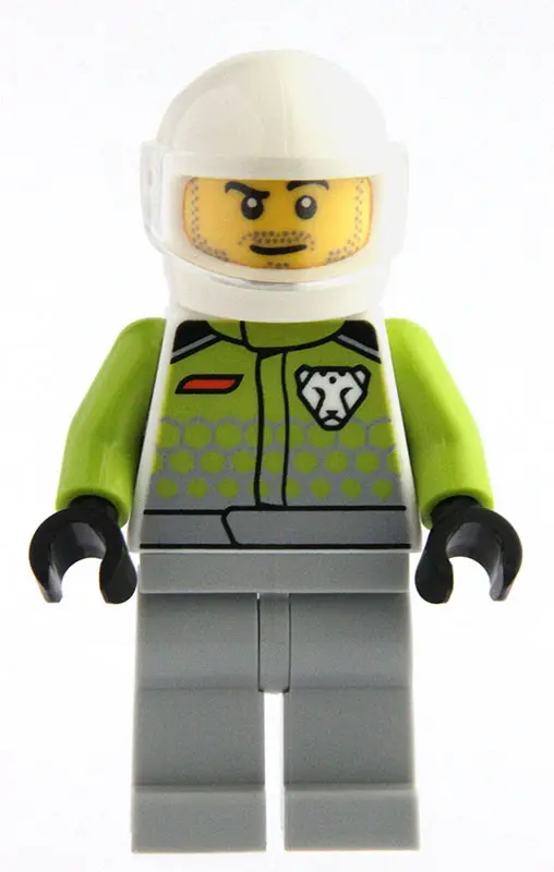 Driver - Male, Lime Racing Suit with Leopard Logo, Light Bluish Gray Legs, White Helmet, Trans-Clear