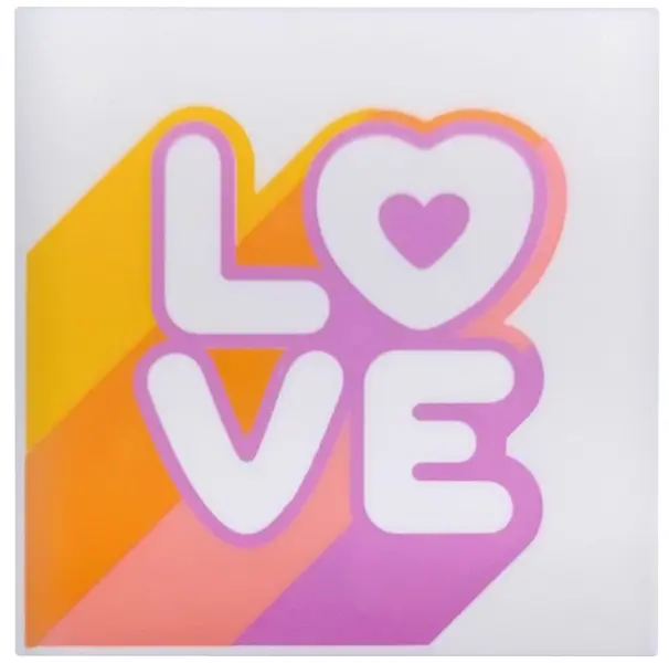 Tile 4 x 4 with 'LOVE' on Bright Light Orange, Orange, Coral and Medium Lavender Diagonal Bands Patt