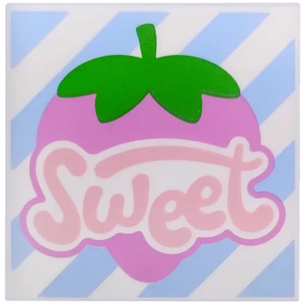 Tile 4 x 4 with Warm Pink 'Sweet', Dark Pink and Green Strawberry, Bright Light Blue Diagonal Stripe