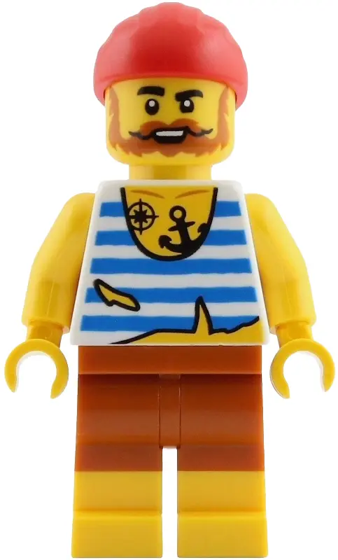 - Male, White Shirt with Tattered Hem and Blue Stripes, Dark Orange Shorts, Full Beard, Red Bandana