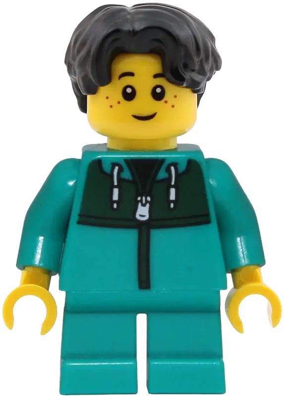 - Boy, Dark Turquoise Jacket with Dark Green Panel, Dark Turquoise Short Legs, Black Hair Wavy