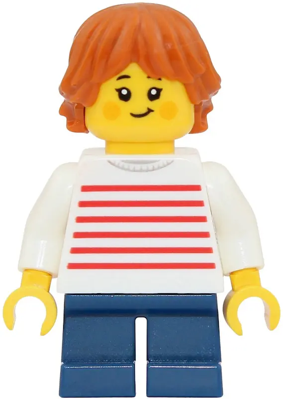 - Girl, White Sweater with Red Horizontal Stripes, Dark Blue Short Legs, Dark Orange Tousled and Lay