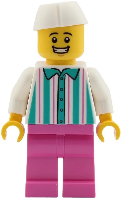 Vendor - Male, White Shirt with Dark Turquoise Stripes, Dark Pink Legs, White Butcher / Food Service