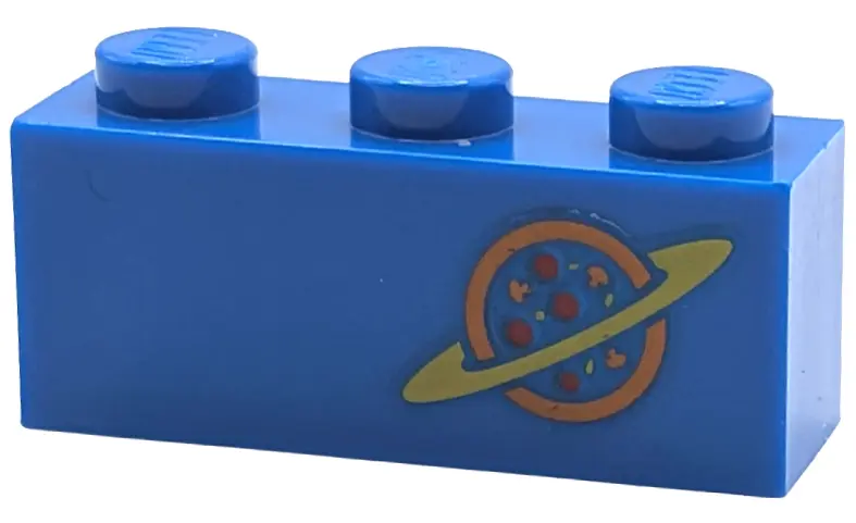 Brick 1 x 3 with Orange and Yellow Ringed Planet Logo with Red Dots Pattern