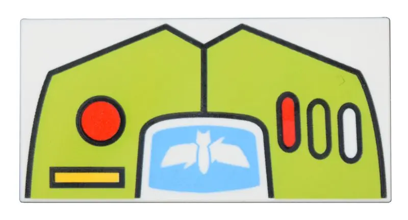 Tile 2 x 4 with Lime Control Panel with Buttons, Red Dot and Yellow Rectangle, Star Command Logo on 