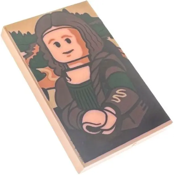 Nougat Tile 2 x 3 with Painting of Minifigure with Green Dress, Dark Brown Hair and Robe Pattern (Mo