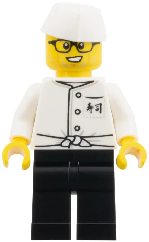 Chef, Torso with Japanese Logogram '寿司' (Sushi) on Front Pocket Pattern, Black Pants