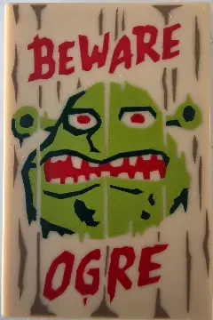 Tile 2 x 3 with Dark Tan Wood Grain, Red 'BEWARE', 'OGRE', Dark Green and Lime Shrek Face Pattern