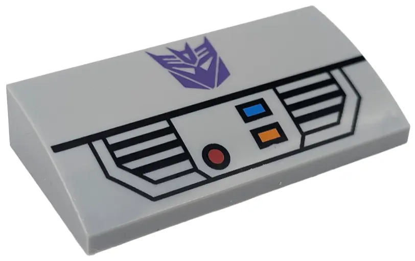 Bluish Gray Slope, Curved 2 x 4 x 2/3 with Bottom Tubes with Dark Purple Transformers Decepticon Log