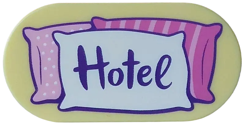 Light Yellow Tile, Round 2 x 4 Oval with Dark Purple 'Hotel' on White, Bright Pink and Dark Pink Pil