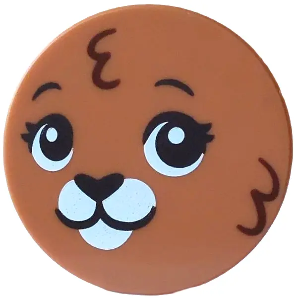 Nougat Tile, Round 3 x 3 with Bunny / Rabbit Face with Black and White Eyes, Nose, Mouth and Muzzle,