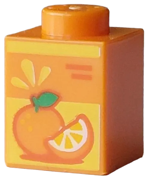 Brick 1 x 1 with Bar, Red Lines, Fruit Slice and Orange with Green Leaf on Yellow Background Pattern