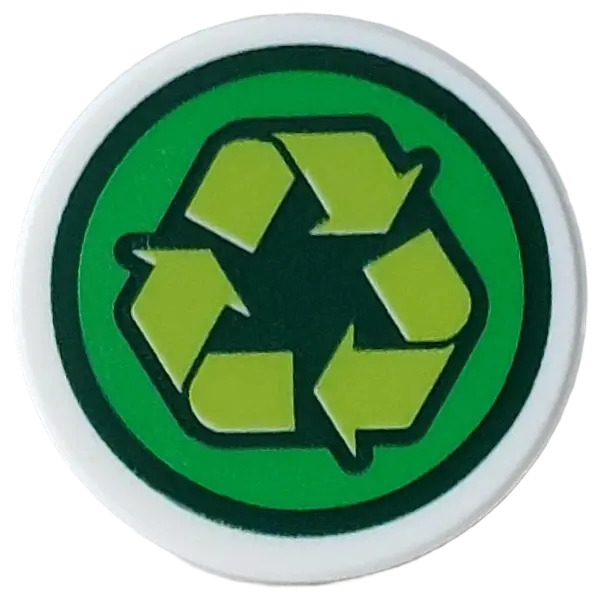 Tile, Round 2 x 2 with Bottom Stud Holder with Dark Green, Green and Lime Recycle Logo Pattern