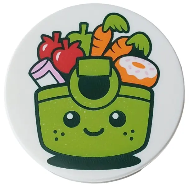 Tile, Round 3 x 3 with Lime Shopping Basket with Black Eyes, Mouth and Freckles, Apple, Bright Pink 