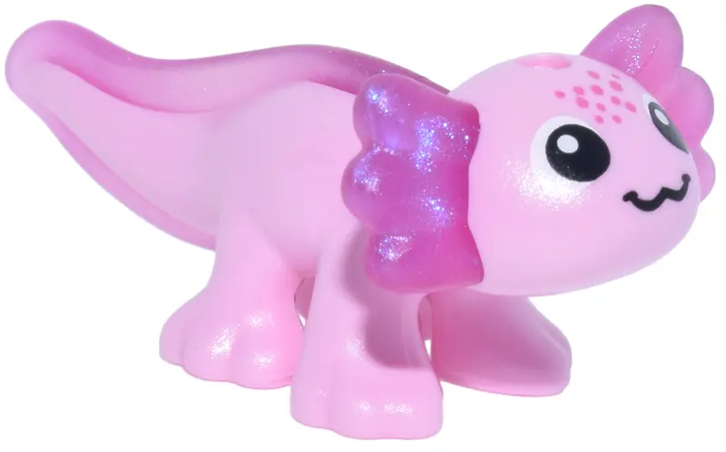 Pink Salamander, Mini Doll Style, Axolotl with Molded Satin Trans-Dark Pink Fin and Gills and Printe
