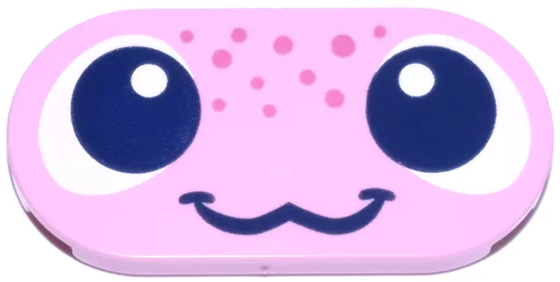 Pink Tile, Round 2 x 4 Oval with Face, Dark Blue and White Eyes and Smile, Dark Pink Spots Pattern (