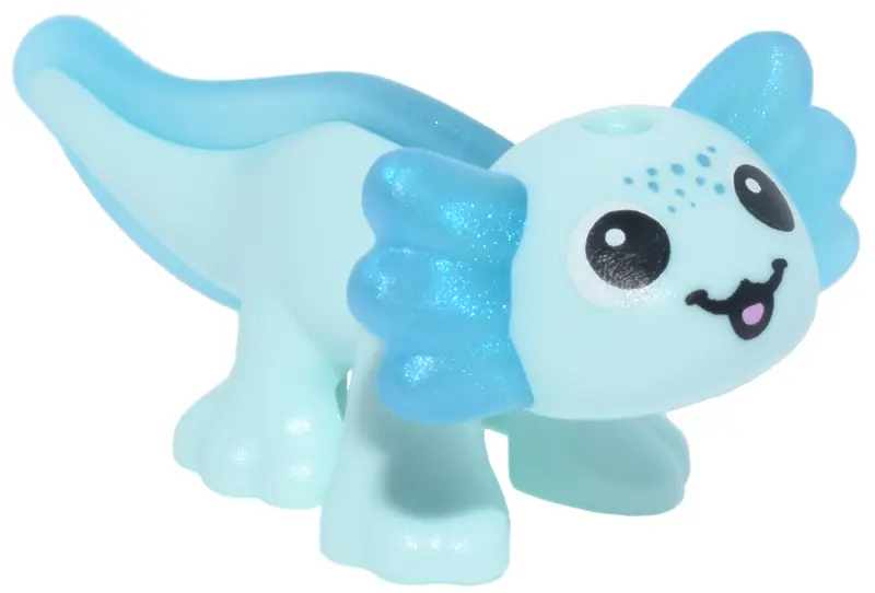 Aqua Salamander, Mini Doll Style, Axolotl with Molded Satin Trans-Light Blue Fin and Gills and Print