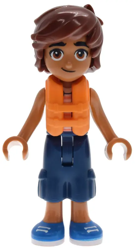 Leo - Bright Light Orange Sleeveless Shirt, Dark Blue Cropped Trousers, Blue Shoes, Orange Life Jack