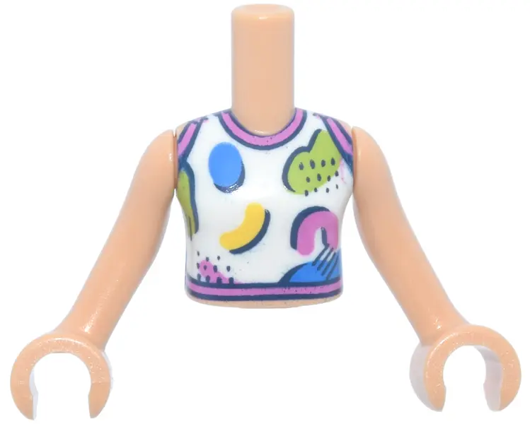 Medium Tan Torso Mini Doll Girl White Tank Top with Dark Pink Trim, Black Lines and Dots and Blue, L