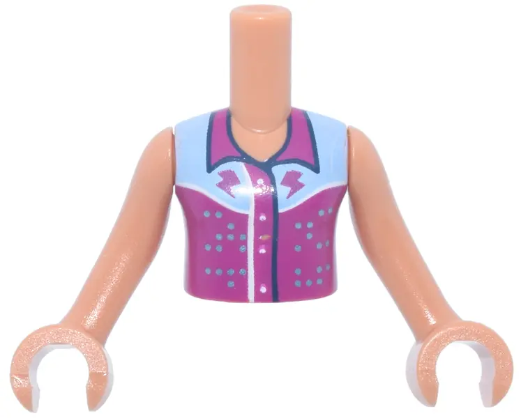 Nougat Torso Mini Doll Girl with Magenta Sleeveless Shirt, Collar and Lightning Bolts, Bright Light 
