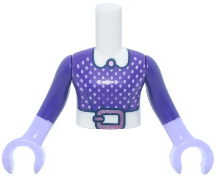 White Torso Mini Doll Girl with Dark Purple Bodice, Metallic Pink Dots, Brooch and Belt Buckle Patte