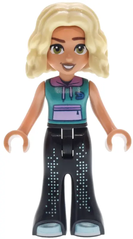Nova - Dark Turquoise Sleeveless Hoodie, Black Trousers Bell-Bottoms with Metallic Light Blue Shoes