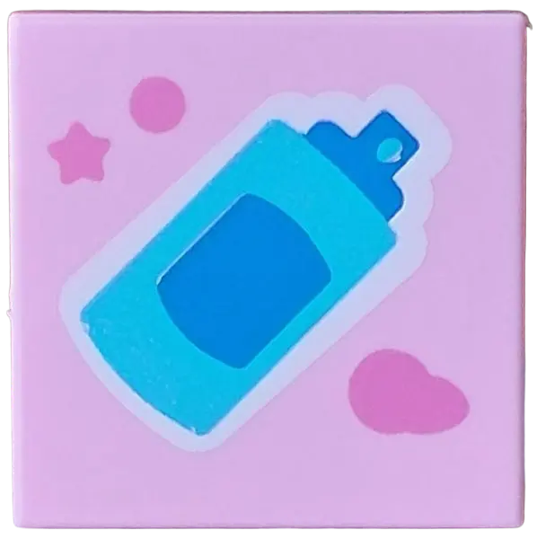 Pink Tile 2 x 2 with Medium Azure and Blue Spray Can on White Background, Dark Pink Star and Spots P