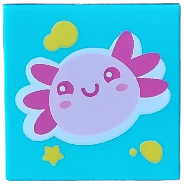 Azure Tile 2 x 2 with Medium Bright Pink Axolotl with Magenta Gills, Eyes and Mouth, Dark Pink Cheek