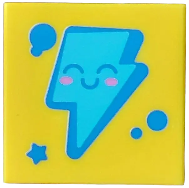 Tile 2 x 2 with Medium Azure Lightning Bolt with Face, Blue Outline, Eyes and Nose, Star and Dots, D