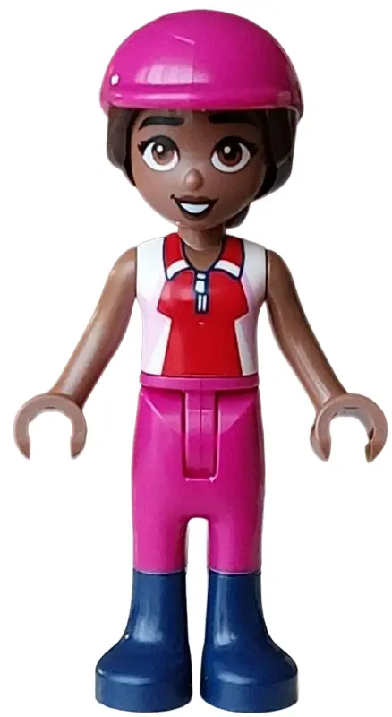 Aliya - Bright Pink, Red and White Sleeveless Shirt, Magenta Trousers, Dark Blue Boots, Magenta Hors