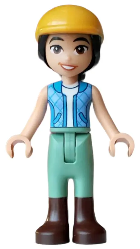 Liann - Dark Azure and Bright Light Blue Vest  over White Top, Sand Green Trousers, Dark Brown Boots