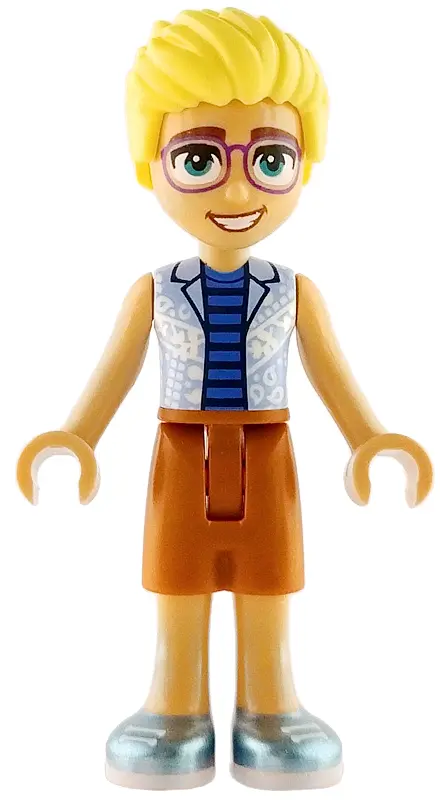 Olly - Bright Light Blue Open Shirt, Dark Orange Shorts, Metallic Light Blue Shoes