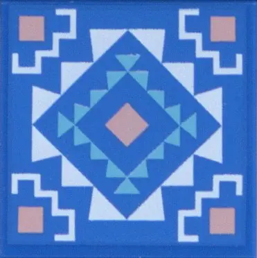 Tile 2 x 2 with Warm Pink Squares, Medium Azure Triangles in Diamond, White Background and Zigzag Co