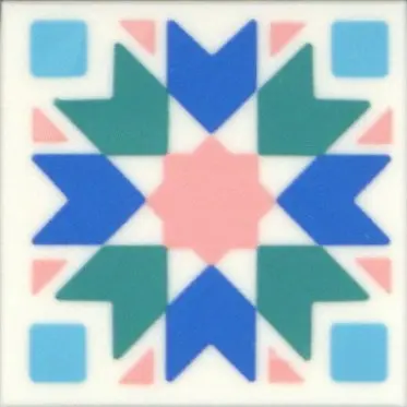 Tile 2 x 2 with Dark Turquoise and Blue Chevrons, Medium Azure Squares, Warm Pink Star and Triangles