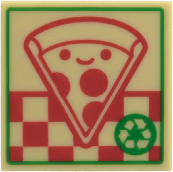 Tile 2 x 2 with Pizza Box with Red Smiling Pepperoni Pizza Slice, Checkered, Green Border and Recycl