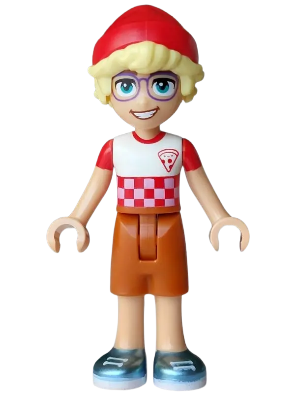 Olly - White T-Shirt Checkered with Pizza Slice, Dark Orange Shorts, Metallic Light Blue Shoes, Red 