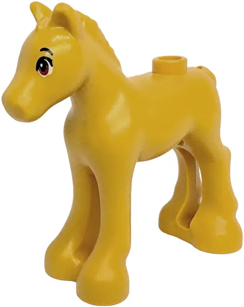 Yellow Horse, Mini Doll Style, Baby Foal with Dark Orange and White Eyes Wide Open, Black Eyebrows a