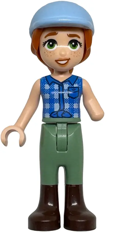 Autumn - Blue Tied Flannel Vest, Sand Green Trousers, Dark Brown Boots, Bright Light Blue Horse Ridi