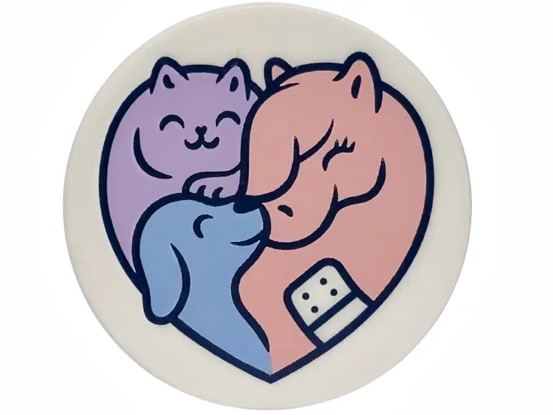 Tile, Round 3 x 3 with Heart Shaped Vet Logo, Lavender Cat, Bright Light Blue Dog, and Warm Pink Hor