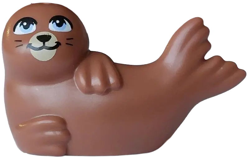 Brown Seal, Mini Doll Style, Lying Down with Bright Light Blue Eyes, Black Mouth, Nose and Whiskers,