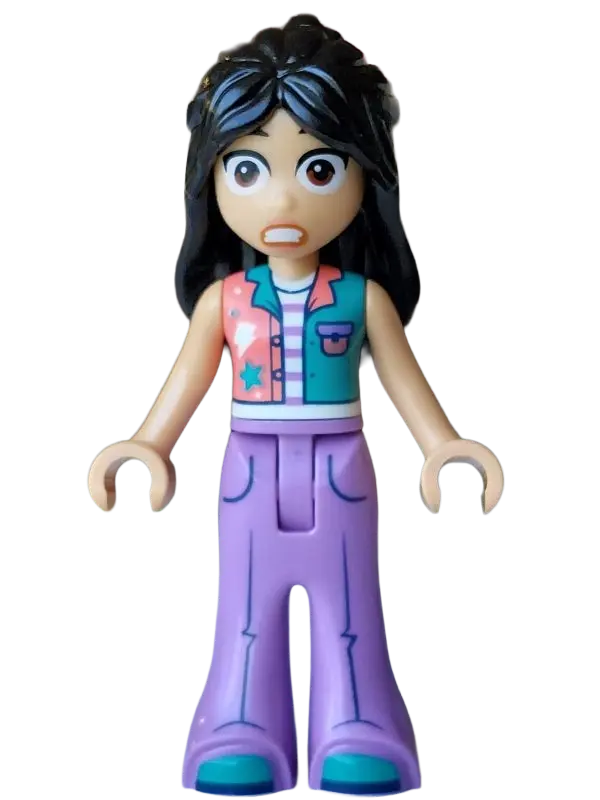 Liann - Coral and Dark Turquoise Vest, Medium Lavender Trousers Bell-Bottoms, Dark Turquoise Shoes, 