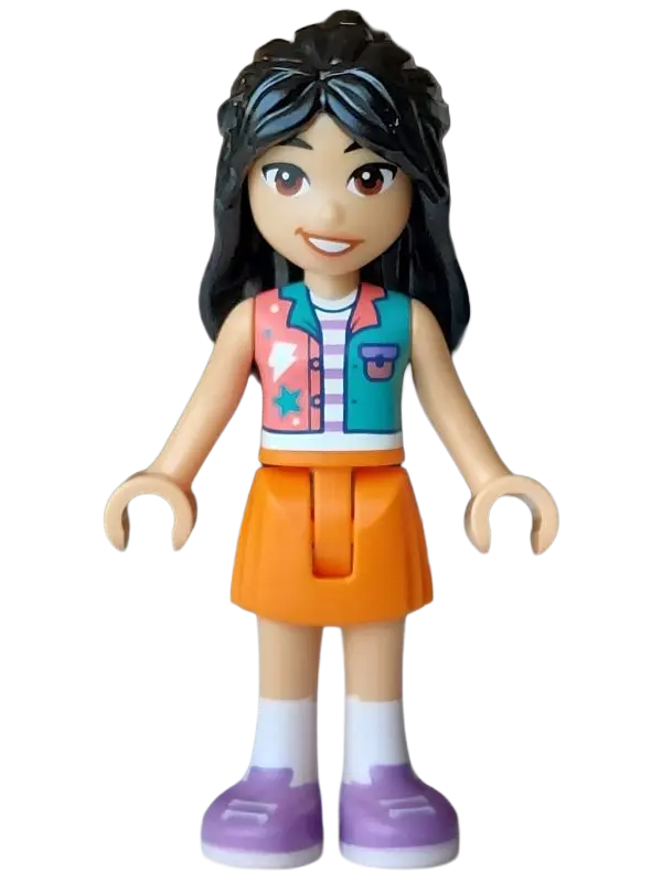 Liann - Coral and Dark Turquoise Vest, Orange Skirt, Medium Lavender Shoes
