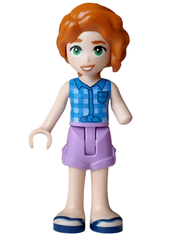Autumn - Blue Tied Flannel Vest, Medium Lavender Shorts Folded Hem, Dark Blue Sandals