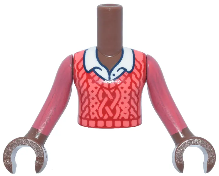 Medium Brown Torso Mini Doll Girl Coral and Red Cable Knit Sweater Vest over White Shirt with Collar