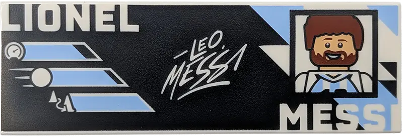 Tile 2 x 6 with White 'LIONEL MESSI' and Signature, Reddish Brown and Bright Light Blue Portrait and