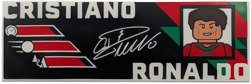 Tile 2 x 6 with White 'CRISTIANO RONALDO' and Signature, Dark Brown, Red and Green Portrait and Port