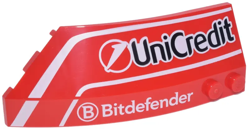 Wedge 8 x 3 x 2 Open Right with White Curved Lines and 'Bitdefender' and Black 'Unicredit' Logos Pat