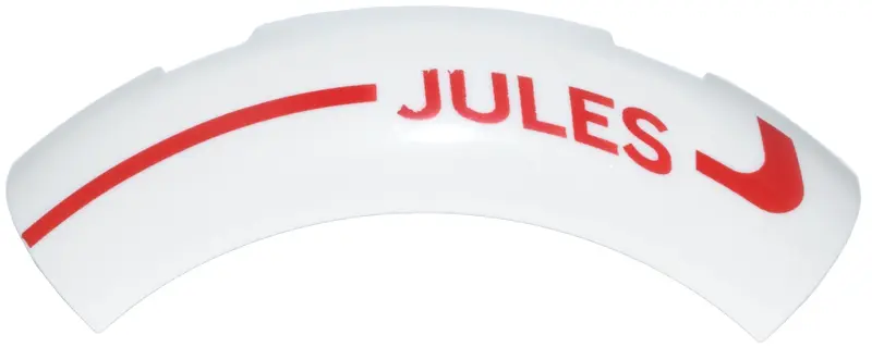 Brick, Round Corner 4 x 4 without Studs with Red Curved Line and 'JULES' Pattern Model Right Side
